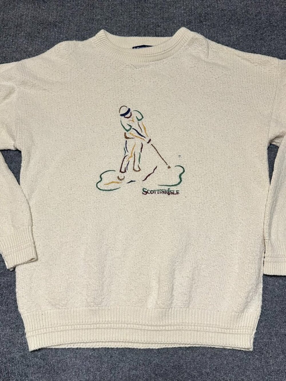 Vintage Scottish Isle Bernette Golf Sweater Mens XL Embroidered Cotton Cream